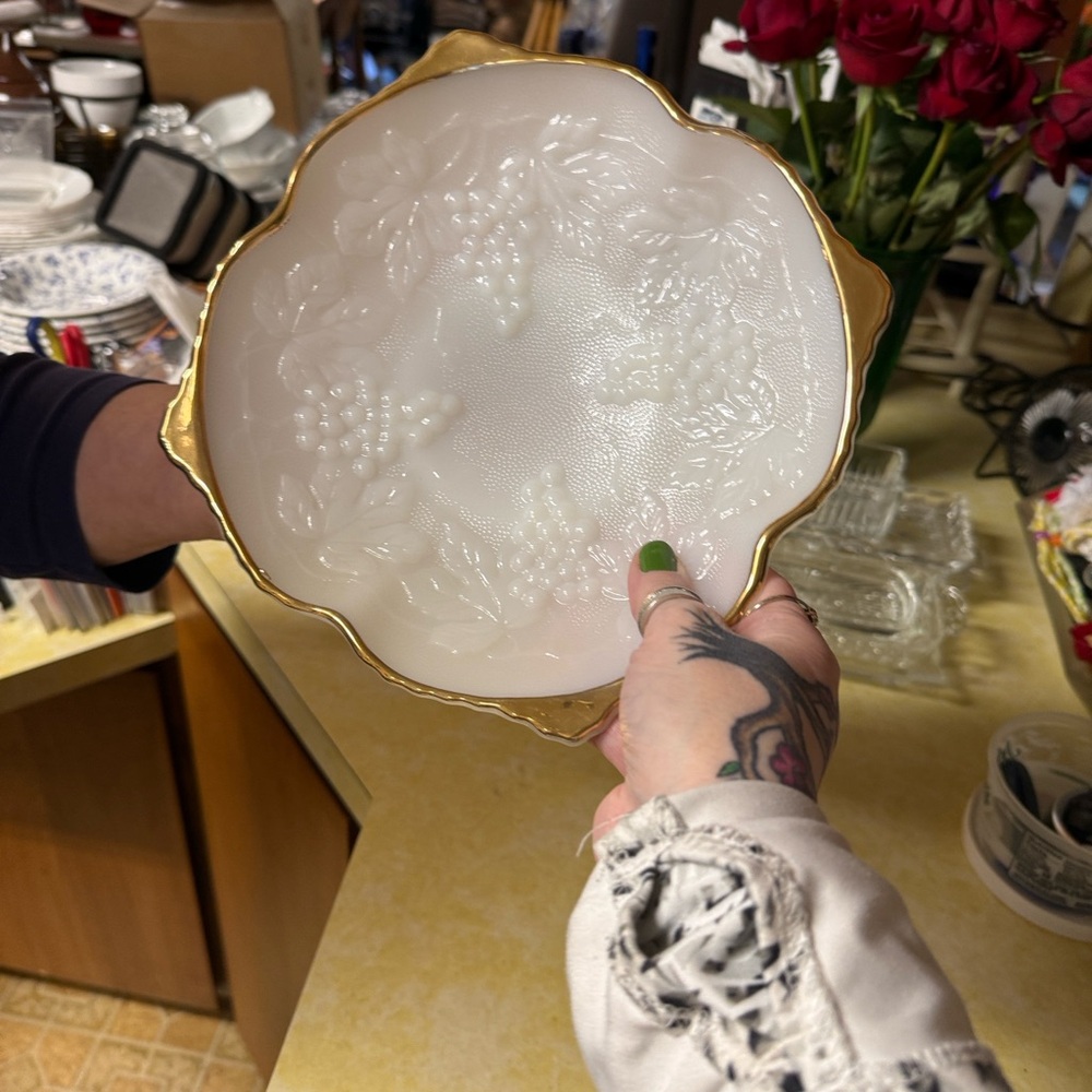 Vintage Anchor Hocking Milk Glass Serving Bowl with Grape Motif and Gold Rim